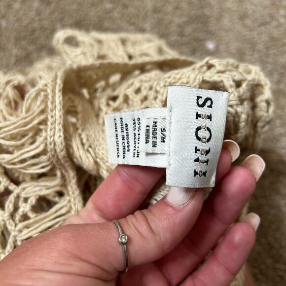 Sioni mesh crochet beige tan open front waterfall front SZ SM Swimsuit cover up - Picture 4 of 9